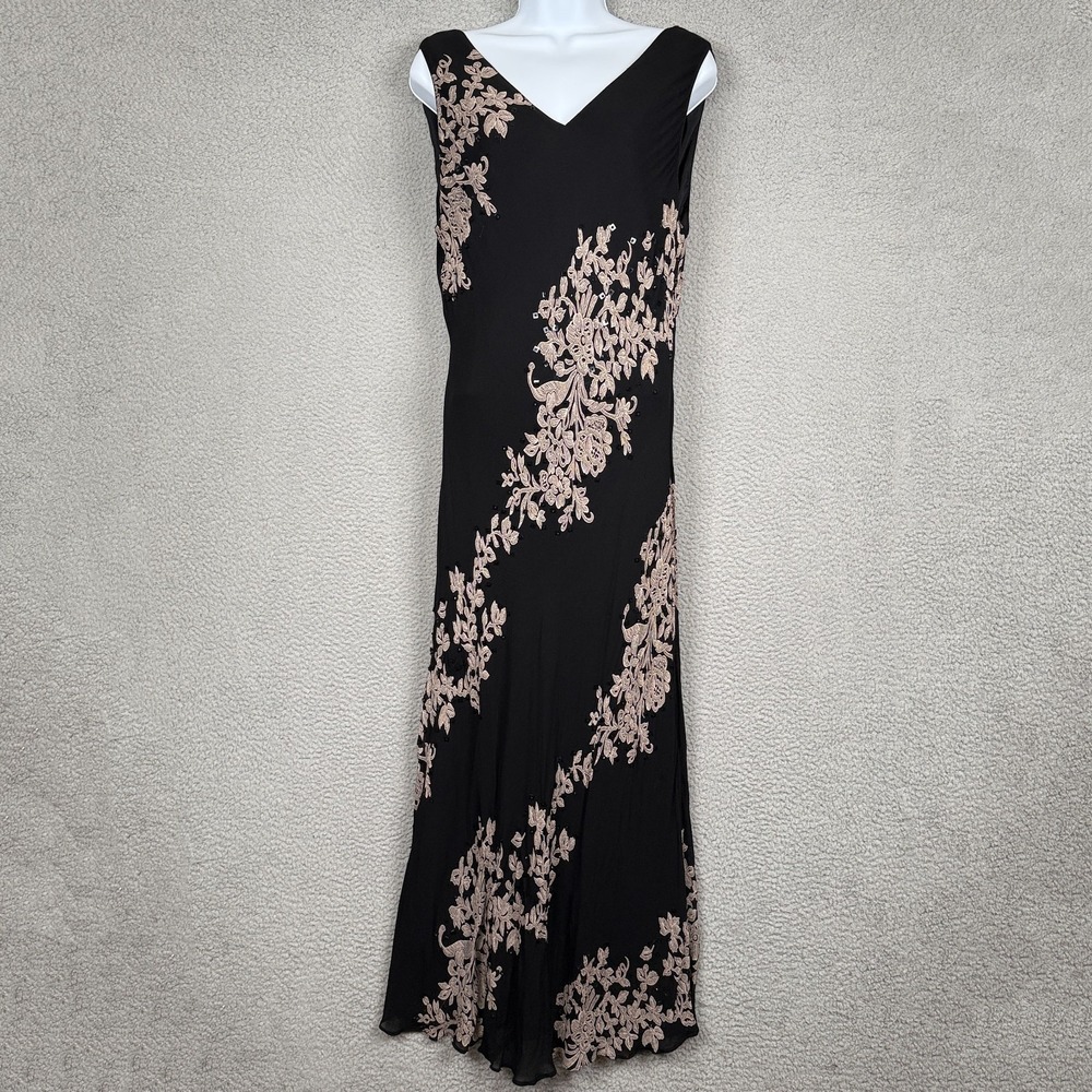 Eva Blue Dress Women 14 Black Tan Floral Sleeveless Y2K Sequin Evening Going Out